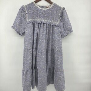 Small Floral Print Tiered Midi Dress Purple Cotton Blend‎ prarie cottagecore